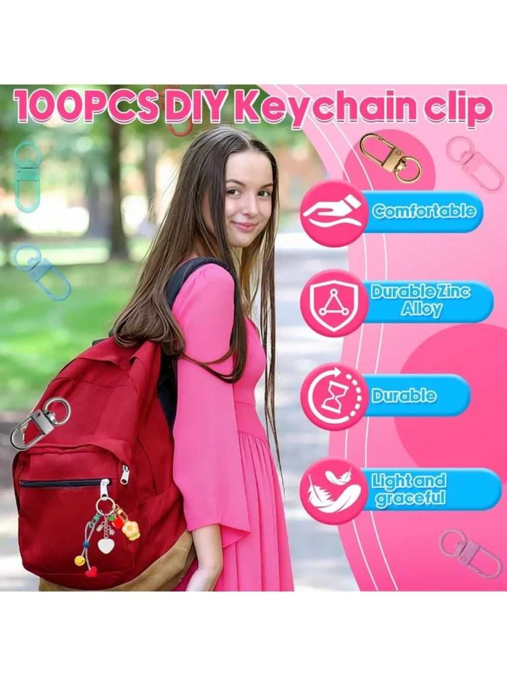 100PCS Colorful Keychain Clips - Metal Lobster Claw Clasps & 360° Swivel Hooks